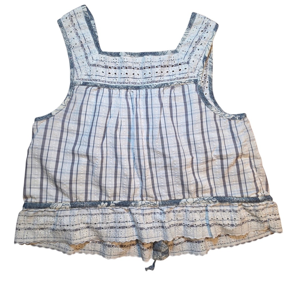 American Eagle Blue White Striped Eyelet Lace Babydoll Tank Top Small S Boho - Picture 2 of 6